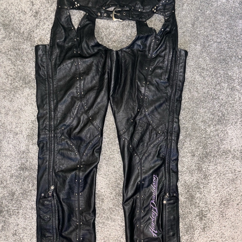 Harley Davidson Studded Embroidered Leather Riding Chaps Size Large
